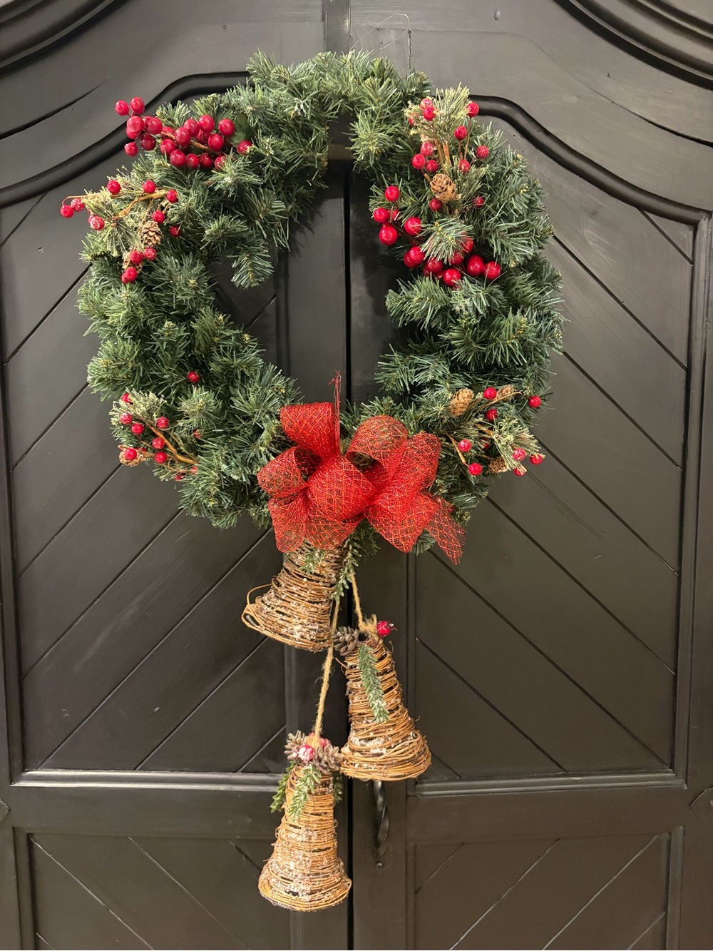 Festive Pine Holiday Wreath with Red Berries & Bells